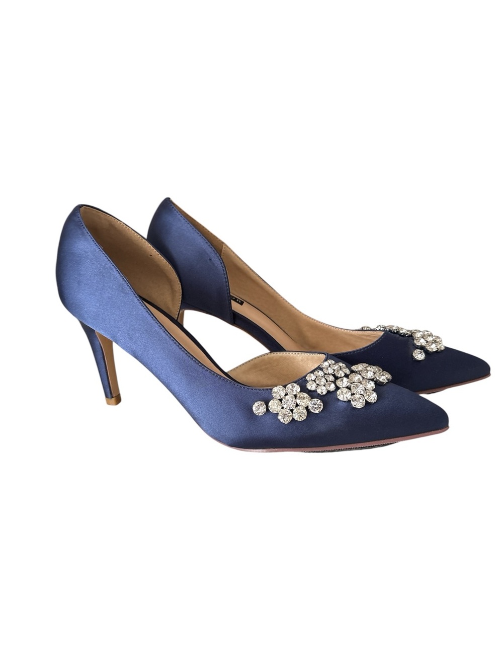 Navy Satin Pointed Toe Crystal Accent Pumps/ bride shoes
